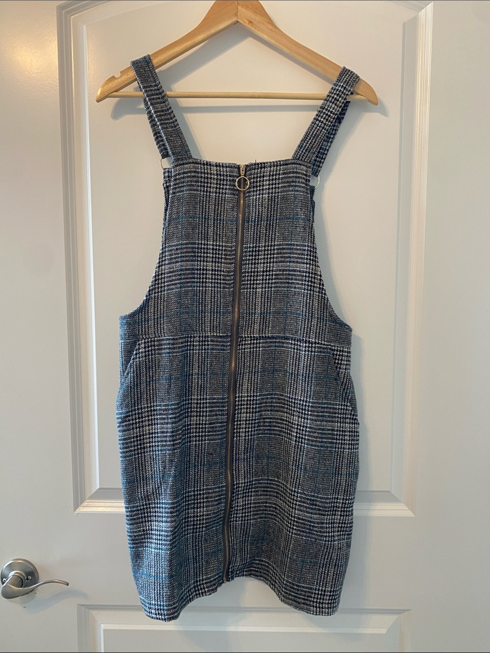 Plaid Zip-Front Pinafore Dress in Blue